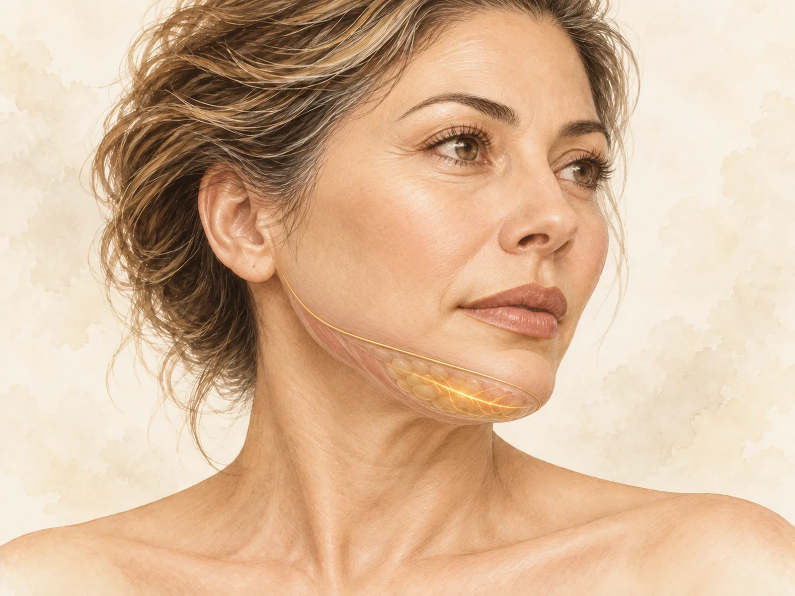 Ilustración en acuarela de la zona tratada: Endolifting + lipólisis láser de papada
