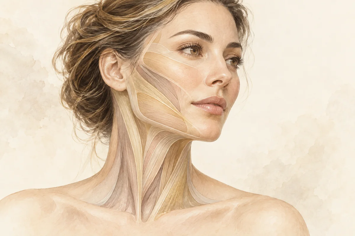 Ilustración en acuarela de la zona tratada: Lifting facial Deep Plane de preservación